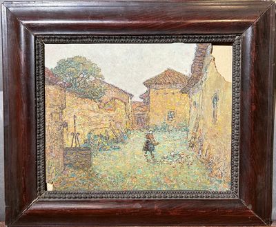 an oil painting of a woman walking down a street in a village