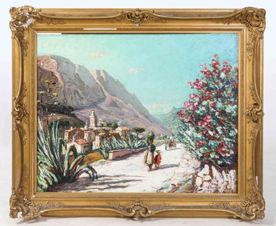 an image of a painting of a woman walking down a road