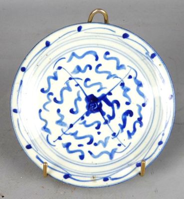 une assiette bleue et blanche sur laquelle est représentée une horloge