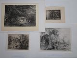 four black and white pictures of a house and trees on a wall