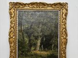 une peinture à l'huile représentant une scène de forêt avec un cerf au premier plan