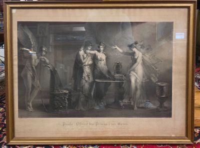 tableau représentant un groupe de femmes debout autour d'une table dans une pièce