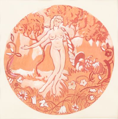 drawing of a nude woman in a garden with flowers and trees