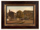 an oil painting of a church in a rural setting