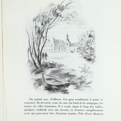 un dessin représentant un bateau dans l'eau près d'un arbre