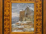 an old painting of a house in a snowy landscape