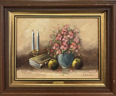 tableau représentant une nature morte avec un vase de fleurs, des pommes et une bougie