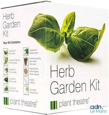 une boîte contenant un kit de jardin d'herbes aromatiques sur fond blanc