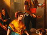 painting of a man and woman cooking food in a kitchen with other people