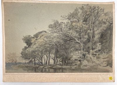 dessin représentant un paysage boisé avec des arbres et une rivière