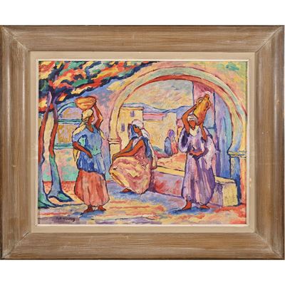 une peinture à l'huile représentant un groupe de personnes devant un bâtiment