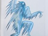 drawing of a blue creature with long hair and claws on its back