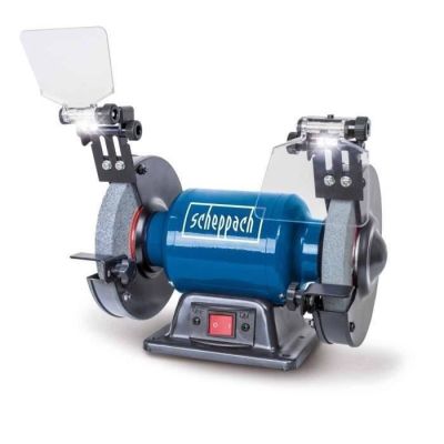 a blue bench top grinder on a white surface