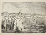 an old drawing of people on the beach in front of a large building