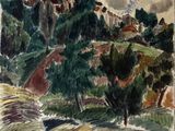 l'image d'un tableau représentant un paysage avec une église au loin