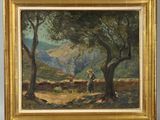 an image of a painting of a man walking through a forest