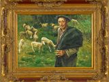 painting of a man holding a stick in front of a flock of sheep