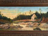 peinture représentant un paysage avec une maison et un ruisseau au premier plan