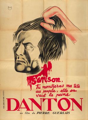 une affiche du film « Danton » sur laquelle on voit un homme avec une tête dans les cheveux