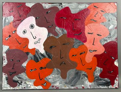 un tableau représentant un groupe de personnes dont les visages sont peints