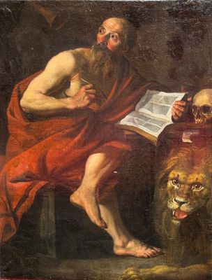 une image représentant un tableau où l'on voit un homme en train de lire un livre à côté d'un lion