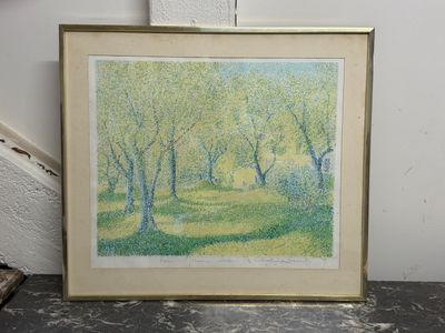 aquarelle encadrée représentant des arbres dans un parc, près d'un escalier