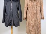 two coats on a mannequin stand, one with a fur collar and the other with a fur collar