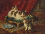 un tableau représentant un chat et deux chatons sur une chaise