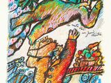dessin représentant un homme à cheval tirant une charrette chargée de provisions