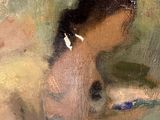 an oil painting of a woman reading a book while sitting on a couch