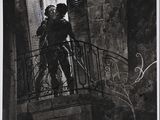 black and white photograph of a man and woman kissing on a balcony