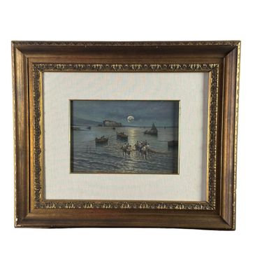 tableau représentant un bateau sur l'eau, avec un phare en arrière-plan