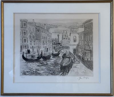 drawing of a gondola on a canal in venice, italy