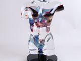 a close up of a glass sculpture of a torso on a black stand