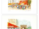 trois aquarelles représentant une scène de rue avec des personnages et des bâtiments