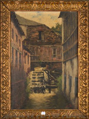 une peinture à l'huile représentant une scène de rue avec des bâtiments et un moulin à eau