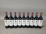 six bottles of red wine lined up in a row