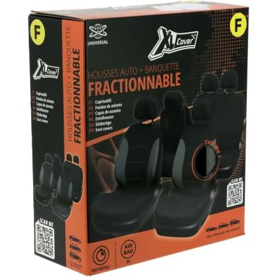 a box of four black car seat covers with orange trims