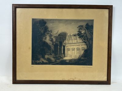 une peinture représentant une maison dans un cadre boisé, avec des arbres en arrière-plan