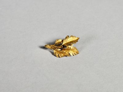 une broche en feuille d'or sur un fond blanc