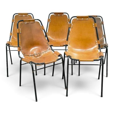 four leather chairs with black metal legs and a brown leather seat