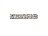 a close up of a silver and diamond bar broochle