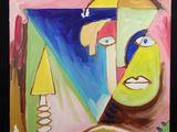 tableau représentant un homme avec un chapeau vert et un visage bleu