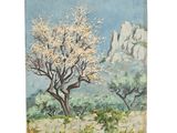 une peinture à l'huile représentant un arbre dans un champ, avec des montagnes en arrière-plan