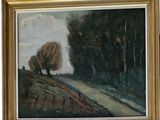 an oil painting of a tree on a hill with a road in the foreground