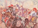 a painting of a group of people riding horses