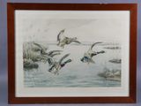 an image of a painting of ducks flying over a body of water