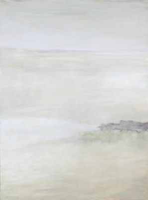 peinture abstraite représentant une scène de plage avec un phare au loin