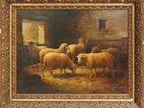 une peinture à l'huile représentant des moutons dans une grange, avec du foin par terre