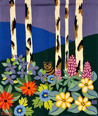 Tapisserie d’Aubusson de Sophie SIROT « Le chat dans la clairière...